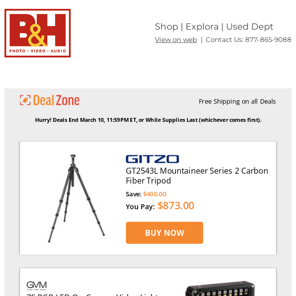 Today's Deals: Gitzo Mountaineer Series 2 CF Tripod, GVM RGB LED On-Camera Video Light w/ Wi-Fi Control, Gator Universal Speaker Tote For 12" Speaker, Tenba Tools Packlite Travel Bag for BYOB 9 & More