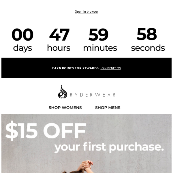 $15 OFF your first purchase Ryderwear!