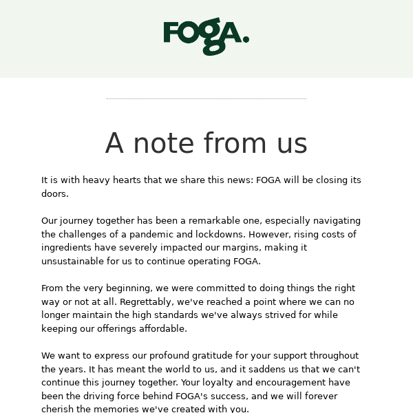 FOGA is closing its doors