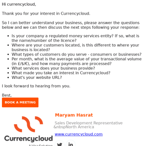 Currencycloud - Thanks for the enquiry