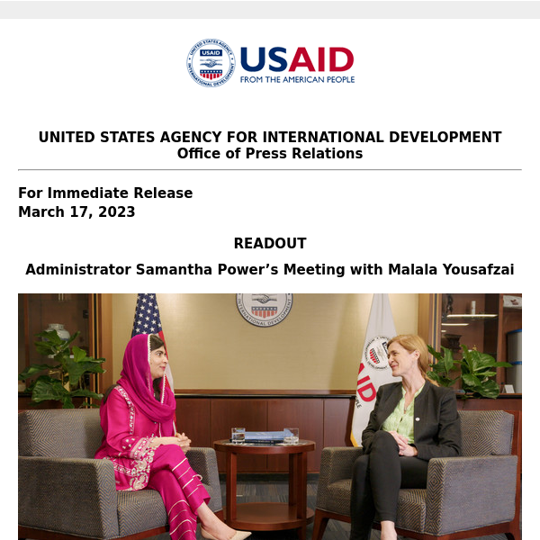 READOUT: Administrator Samantha Power’s Meeting with Malala Yousafzai