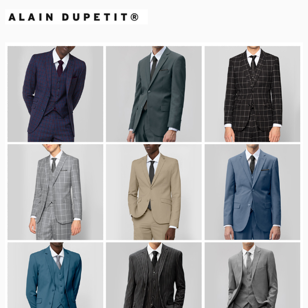 Many Suits Back in Stock | Memorial Sale - $49 Dark Grey 2-Button / $59 Burgudny 3-Piece / $69 Brown Plaid 3-Piece Peak Lapel