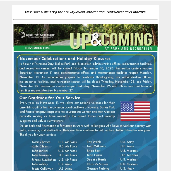 It's Here! Up and Coming at Dallas Park and Recreation Newsletter