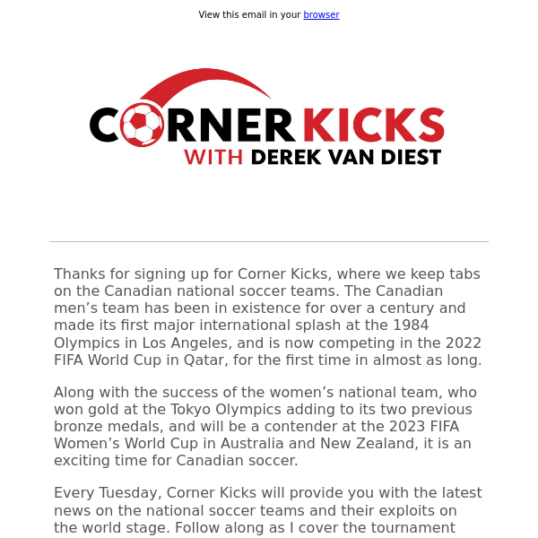Thanks for signing up for Corner Kicks