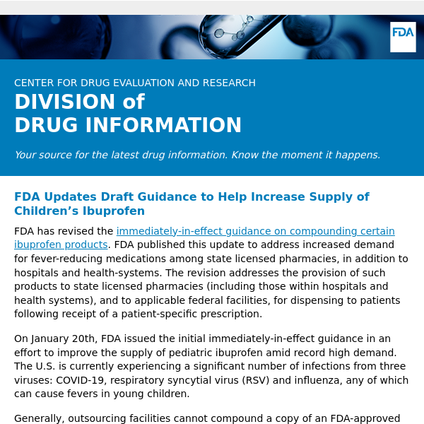FDA Updates Draft Guidance to Help Increase Supply of Children’s Ibuprofen - Drug Information Update
