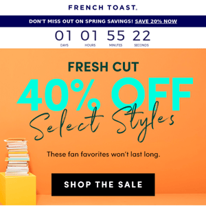 40% off selects styles + 20% off sitewide! 🎉