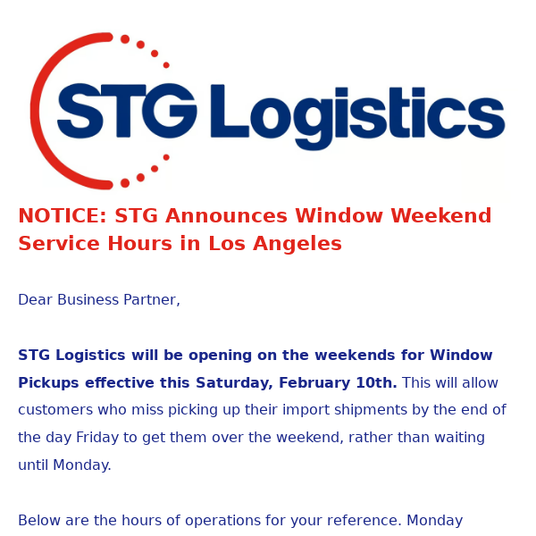 NOTICE: STG Announces Window Weekend Service Hours in Los Angeles