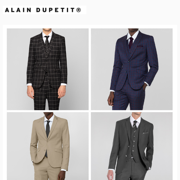 $39 On All Discontinued Suits Including Beige, Navy & Burgundy Plaid, Black & White Windowpane* | Free Cufflinks**