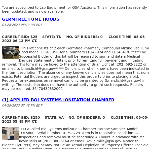 GSA Auctions Lab Equipment Update