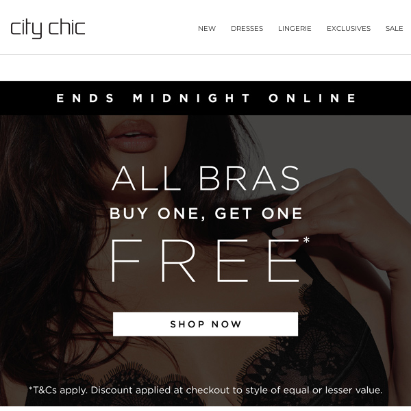 Ends Midnight Online: All Bras Buy One, Get One FREE* - City Chic