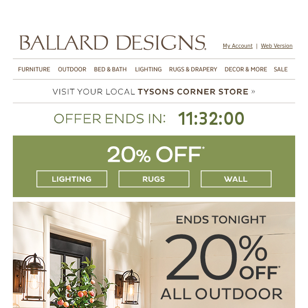 Ends soon! 20% Off Outdoor, Lighting, Rugs & Wall