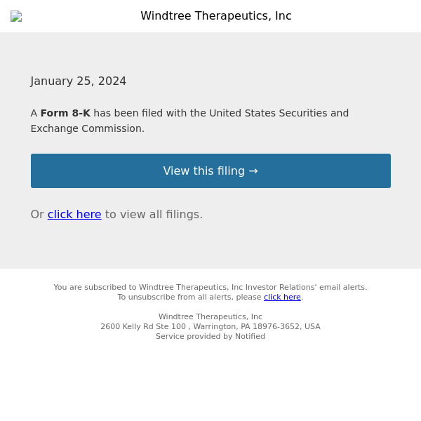 New Form 8-K for Windtree Therapeutics, Inc