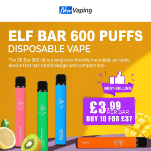 Buy 10 Elf Bar for £37, Buy 10 Elux 600 for £35, ££7.99 Elf Bar Elfa Pod Kit, £17.99 Elf Bar FB1000, £33.99 Voopoo Drag X Pro (newly released)