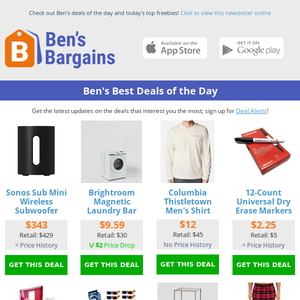Ben's Best Deals: $12 Columbia Shirt - $343 Sonos Subwoofer - $7 Solar Glasses (10pk) - $7.43 Pajama Pants
