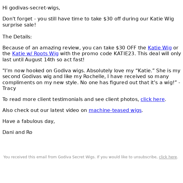 Godiva's Secret Wigs Emails, Sales & Deals - Page 1