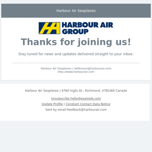 Thank you for your interest in Harbour Air Seaplanes