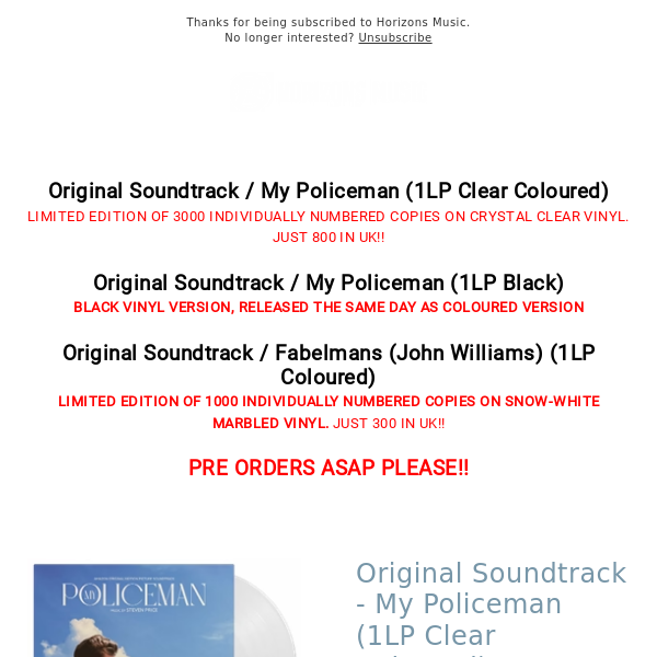 LIMITED COLOURED NUMBERED |OST : My Policeman (starring Harry Styles) - (Coloured vinyl, and black vinyl)