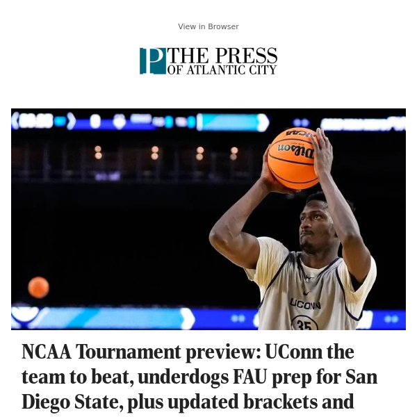 NCAA Tournament preview: UConn the team to beat, underdogs FAU prep for San Diego State, plus updated brackets and today's schedule