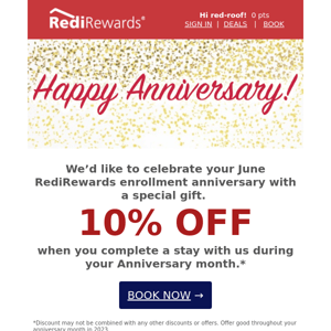 Don't Miss Out on Your RediRewards Anniversary Surprise, Red Roof 🥳