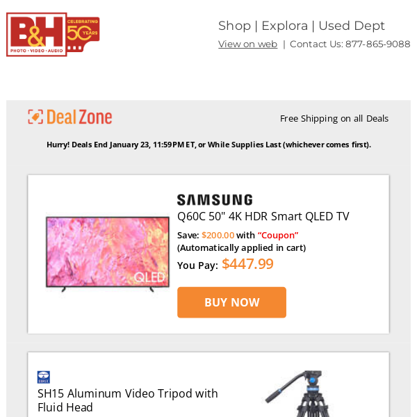 Today's Deals: Samsung 50" 4K HDR Smart QLED TV, Sirui Aluminum Video Tripod w/ Fluid Head, Colbor RGB COB LED Video Light, Portabrace Carrying Run Bag for Grip Essentials & More