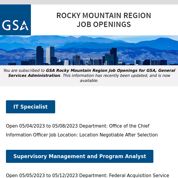 New/Current Job Opportunities in the GSA Rocky Mountain Region