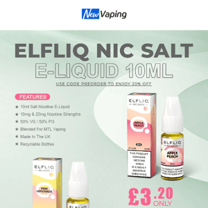 £30.6 GeekVape Aegis X Kit(with Zeus Tank), £3.2 Elfliq Nic Salt, Elf Bar from £2.89, £2.89 MOTI PIIN, £3.49 Geek Bar, 3 Elux Slush for £12, 10 Geek Bar E600 for £37