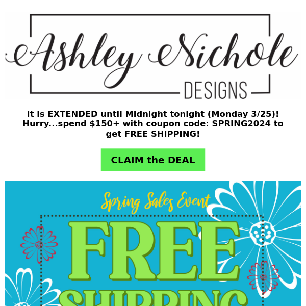 Extended until Midnight!!! FREE SHIPPING  on orders $150+....