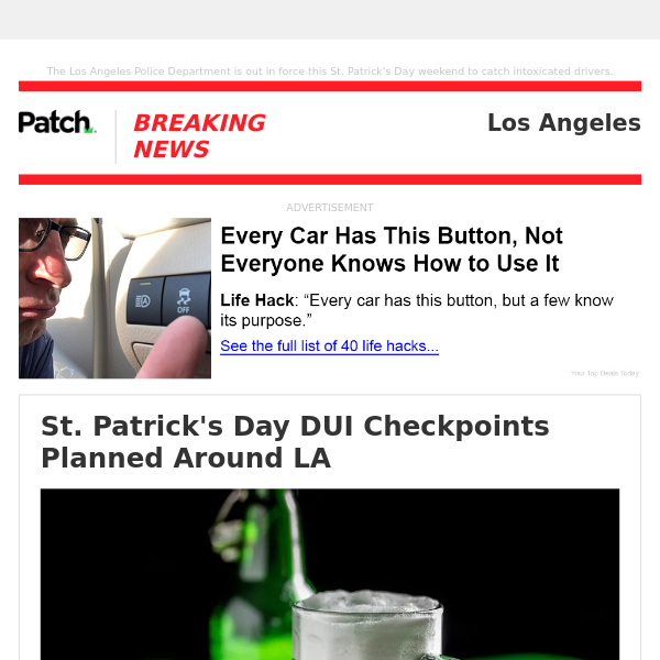 ALERT: St. Patrick's Day DUI Checkpoints Planned Around LA – Fri 07:01:57PM