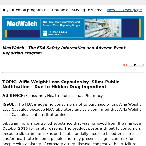 FDA MedWatch - Alfia Weight Loss Capsules by iSlim