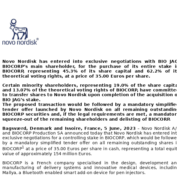 Novo Nordisk enters exclusive negotiations to acquire a controlling stake in BIOCORP, to be followed by a tender offer on all remaining shares