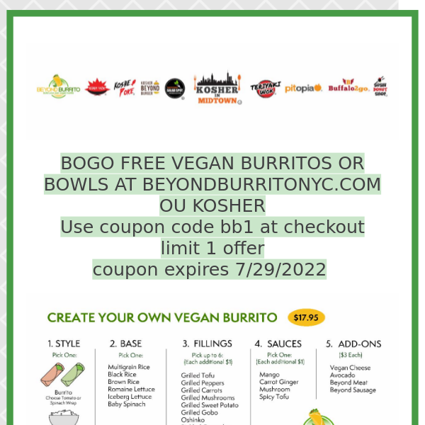 BOGO FREE! Vegan Beyond Burrito NYC