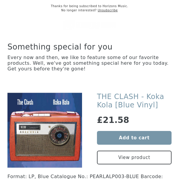 NEW! THE CLASH - Koka Kola [Blue Vinyl] - Horizons Music