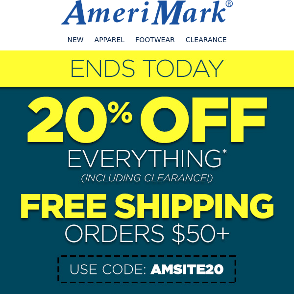 20% off + Free Shipping Ends Today!