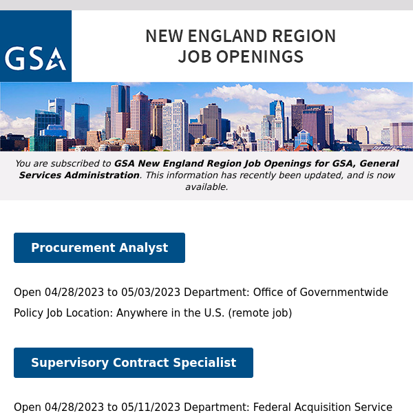 New/Current Job Opportunities in the GSA New England Region