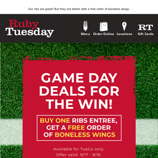 Game Days Carryout Offer: FREE WINGS w/ Ribs Purchase