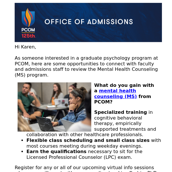 Register for an upcoming virtual session on PCOM's mental health counseling program