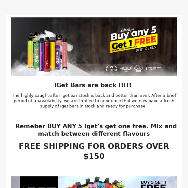 IGET BAR IS BACK- BUY 5 get 1 FREE -  💨