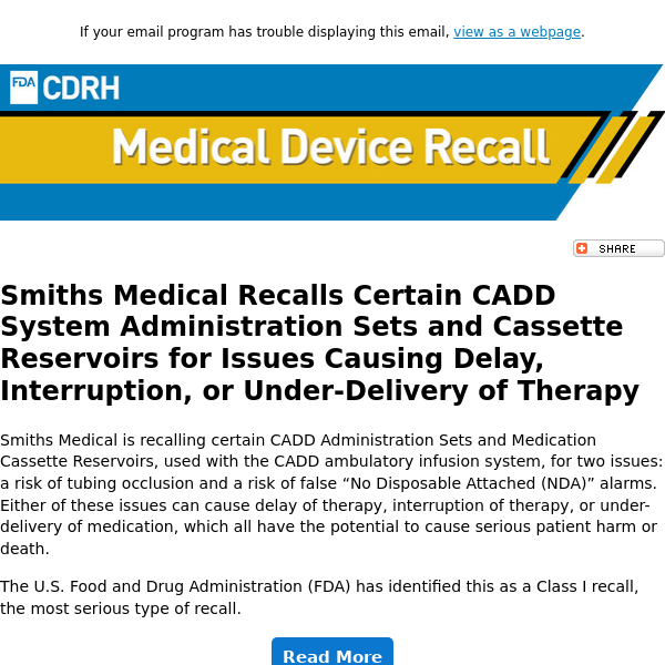 Smiths Medical Recalls CADD System Sets for Issues Impacting Therapy Delivery