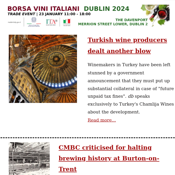 Turkish wine producers dealt another blow / CMBC retires Burton-on-Trent brewery union sets / Malta appoints first wine ambassador