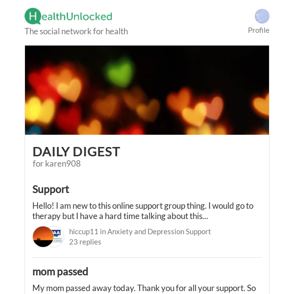 "Support " and 11 more from HealthUnlocked