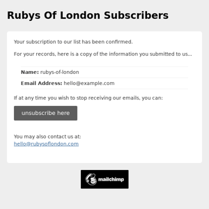 Rubys Of London Subscribers: Subscription Confirmed
