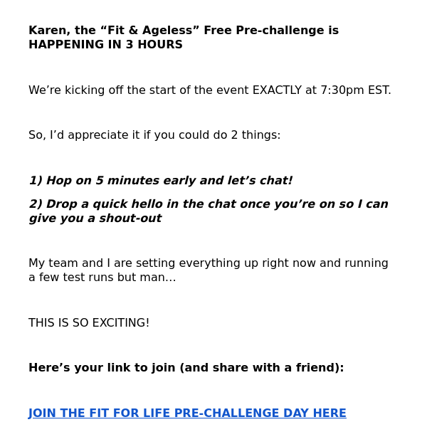 3 Hours To Go For The FREE “Fit & Ageless” Pre-Challenge