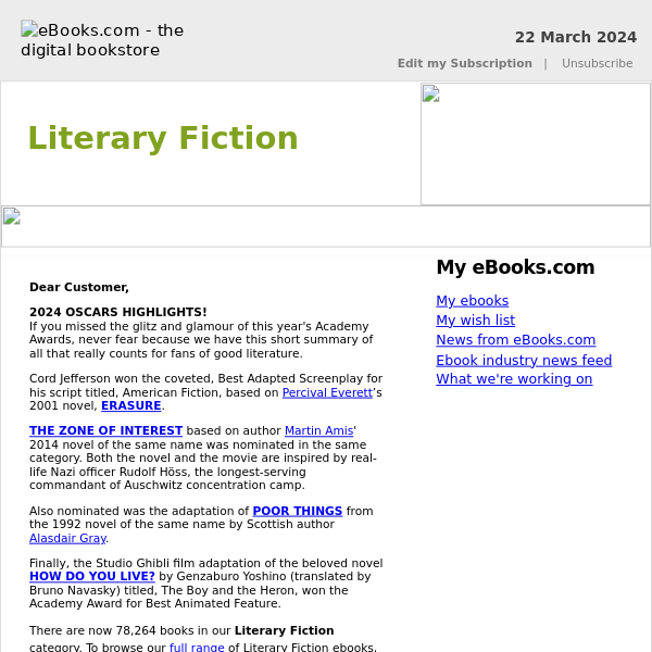 Literary Fiction : Sebastian Faulks, Emily Howes, Percival Everett, Paul Theroux...