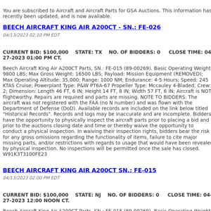 GSA Auctions Aircraft and Aircraft Parts Update