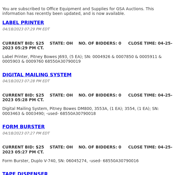 GSA Auctions Office Equipment and Supplies Update