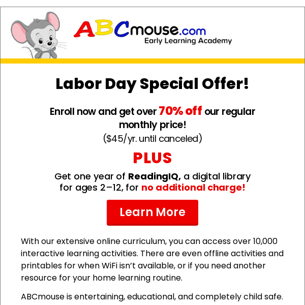 Hey Parents! Our Labor Day Special Offer Is Here!
