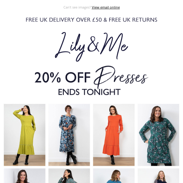 20% off dresses ends tonight. Don't miss out.