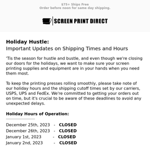 ⚠️ Holiday hours and shipping deadlines