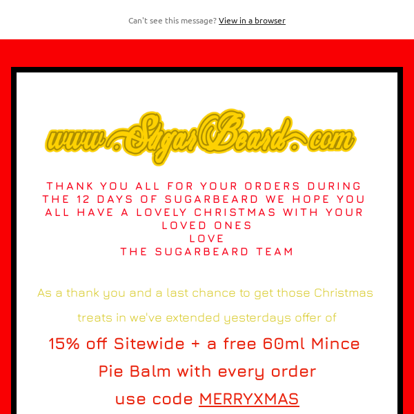 !!EXTENDED FOR 24HOURS!! 15% off all orders and a free 60ml Mince Pie Balm!!