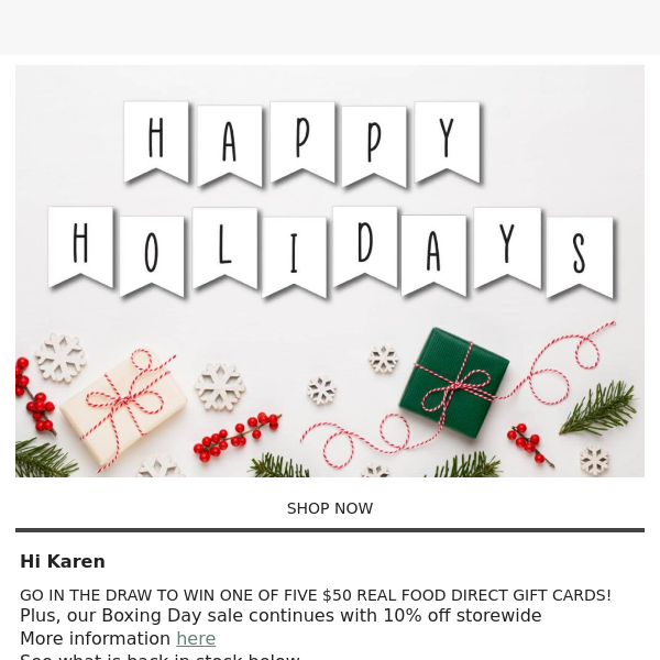 REAL FOOD DIRECT .. Gift Card Draw & Boxing Day Sale